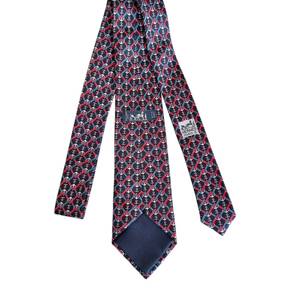 Authentic HERMES 100% Silk Blue Red & White Anchor Nautical Men’s Neck Tie - Picture 3 of 8